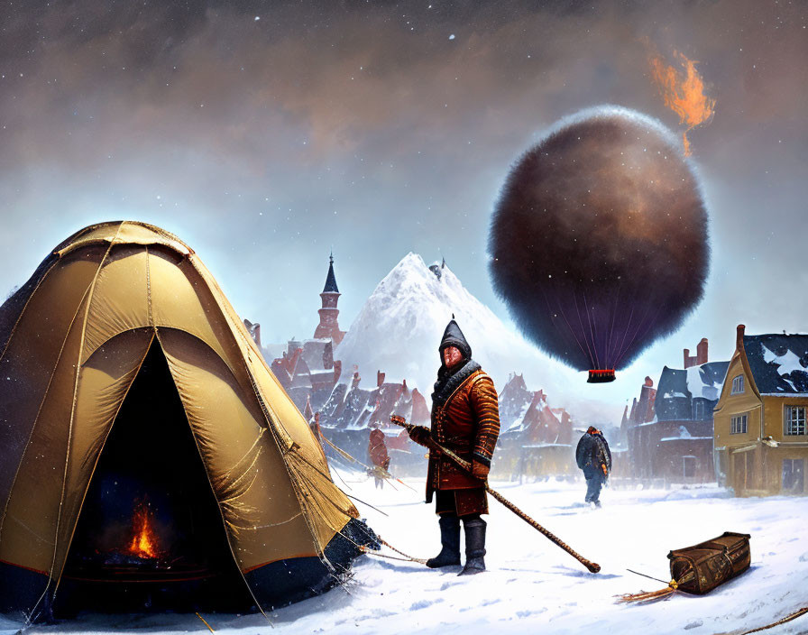 Snowy scene with figures, village, and hot air balloon.