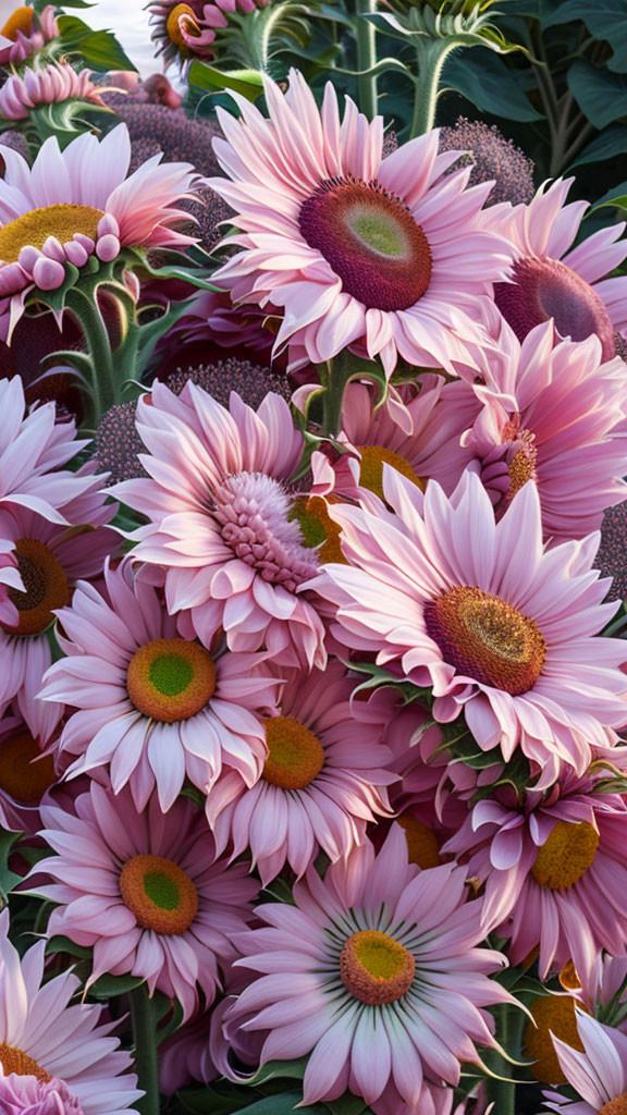 Vibrant pink daisy-like flowers with yellow centers and intricate petal details.