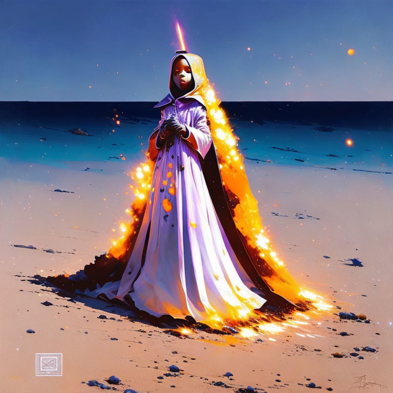 Person in purple and white robe with glowing embers on beach