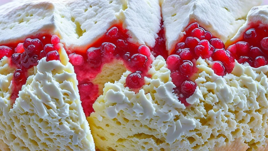 Fluffy sponge cake dessert with creamy frosting, red berries, and syrup.