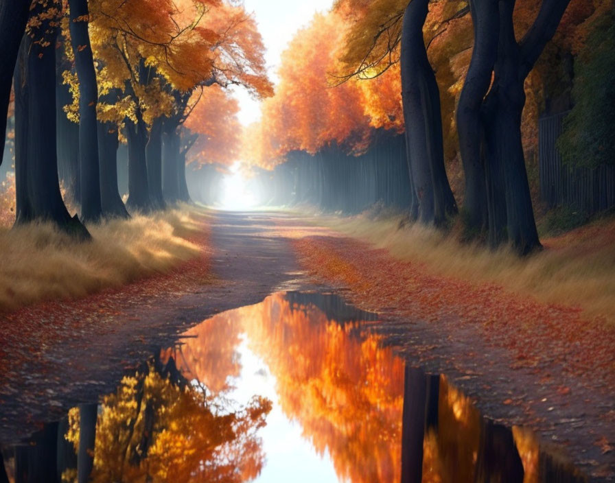 Scenic autumn road with orange trees reflected in water.