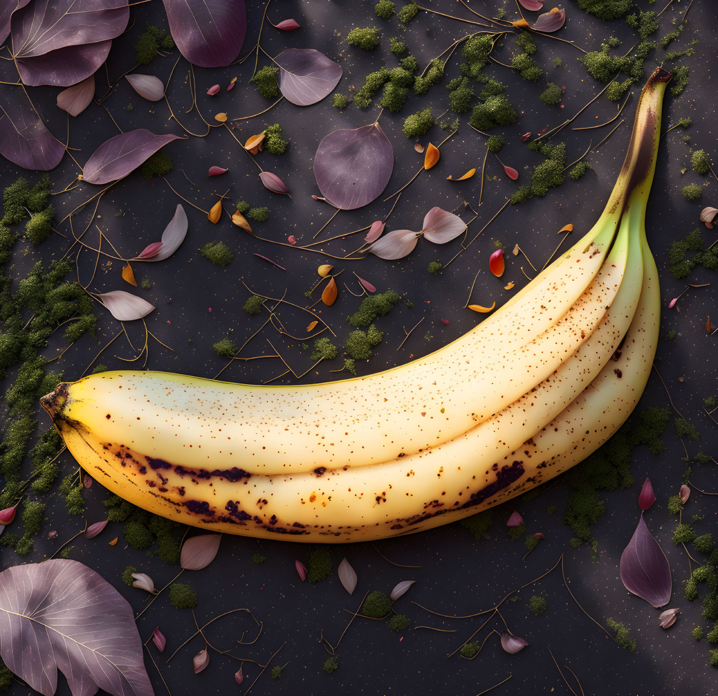 Ripe bananas with moss, leaves, and petals on dark surface