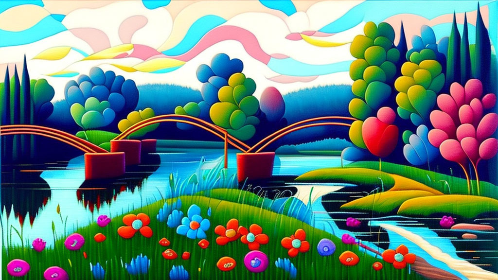 Colorful landscape with twin bridges over river and whimsical clouds