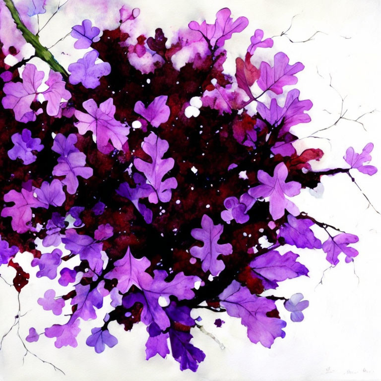 Purple Flowers Watercolor Painting with Red Accents and Black Branch Details