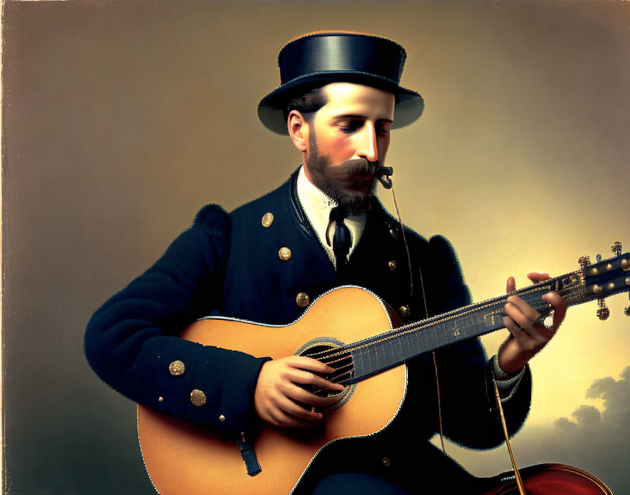 Vintage-dressed man plays guitar under sepia sky