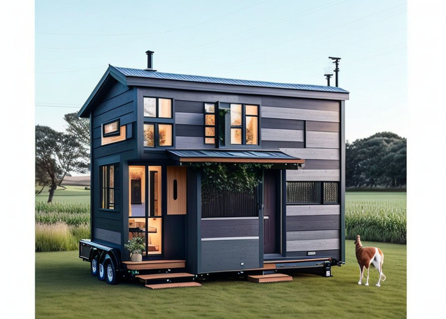 Blue Tiny House on Wheels with Dog in Grassy Field at Dusk