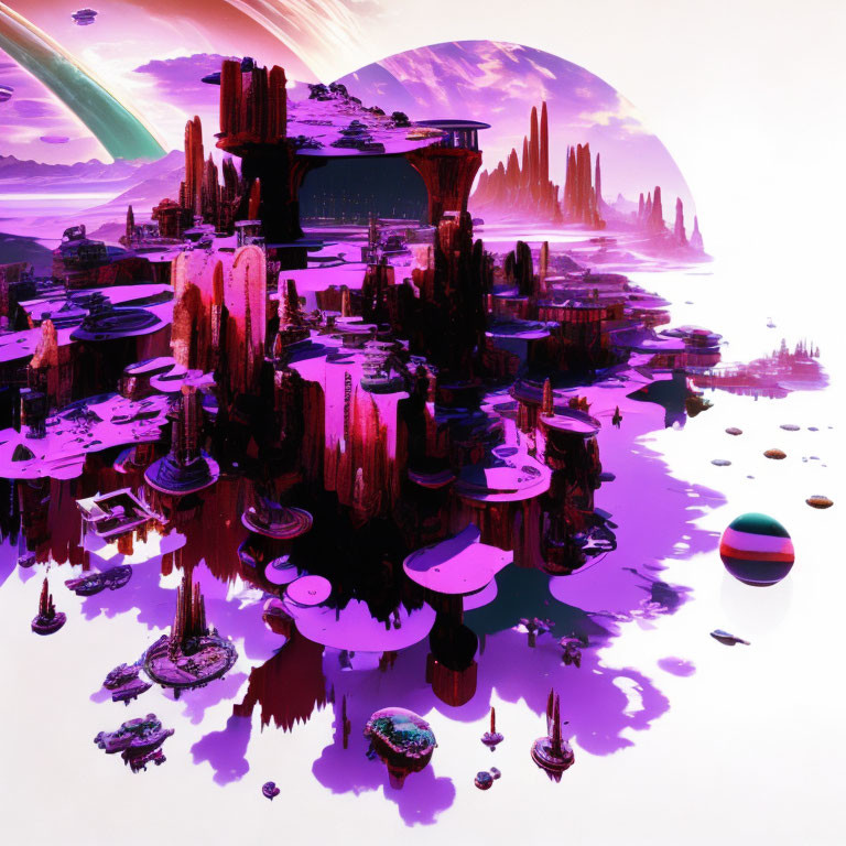 Sci-fi landscape with towering pillars, reflective water, and purple alien sky