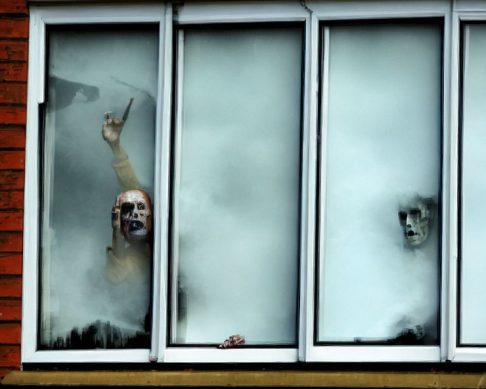 Face-painted person trapped, gesturing through foggy window with handprint.