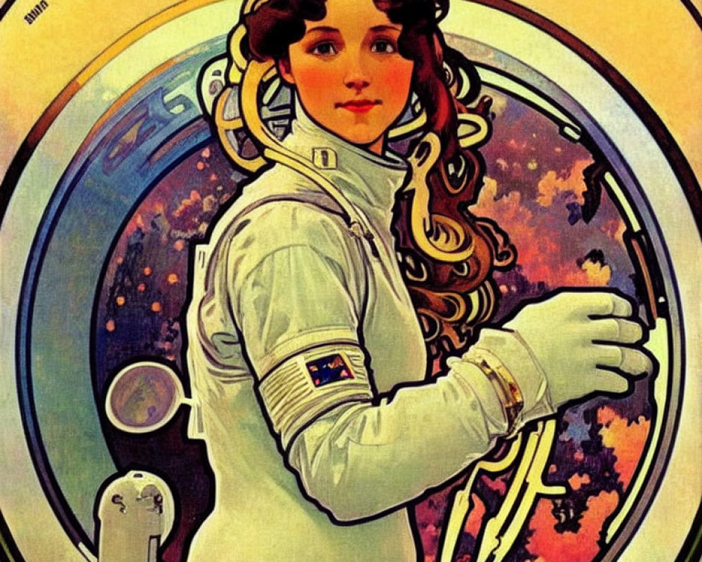 Smiling female astronaut in retro space helmet artwork