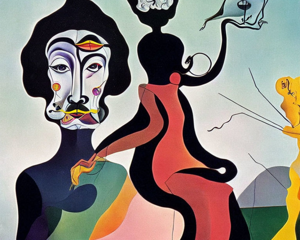 Dual-faced figure with abstract features in surreal painting