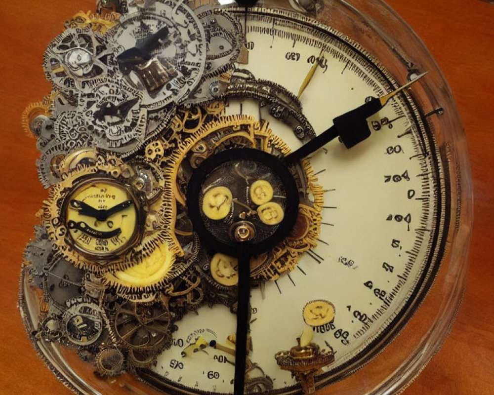 Steampunk-themed clock with exposed gears and dials on wooden surface