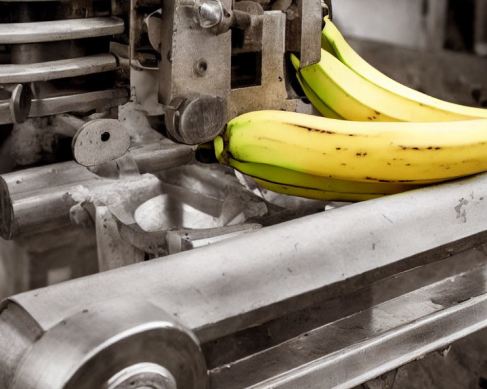 Ripe bananas on industrial metal machine with selective color highlights