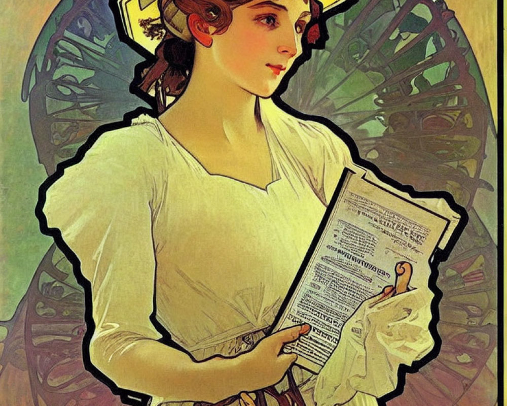 Vintage White Dress Woman Reading Newspaper in Art Nouveau Background