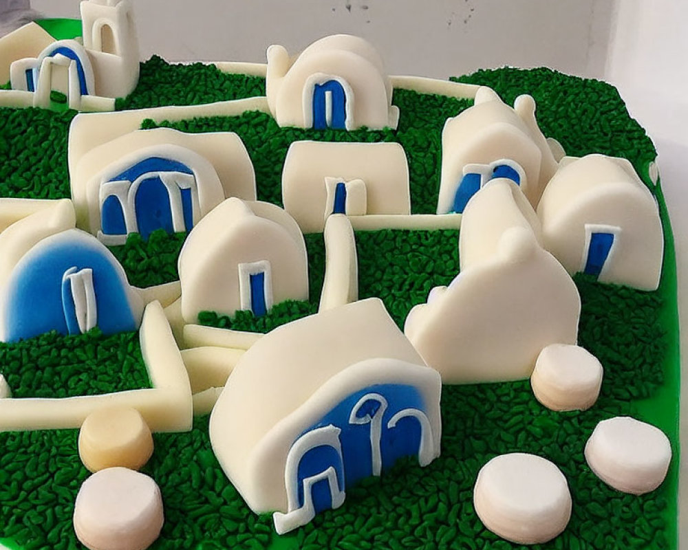 Quaint village cake with white buildings and blue roofs on green base