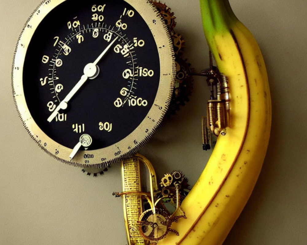 Ripe banana curves around mechanical clock on wall