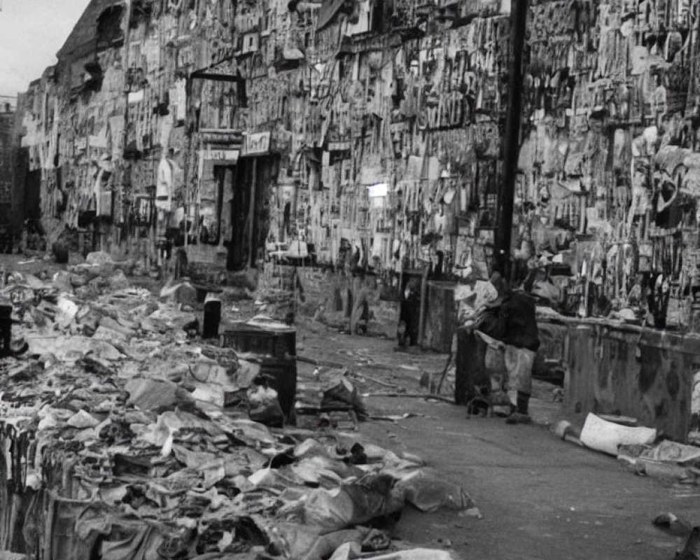 Grayscale image of dilapidated urban street with debris and tattered posters