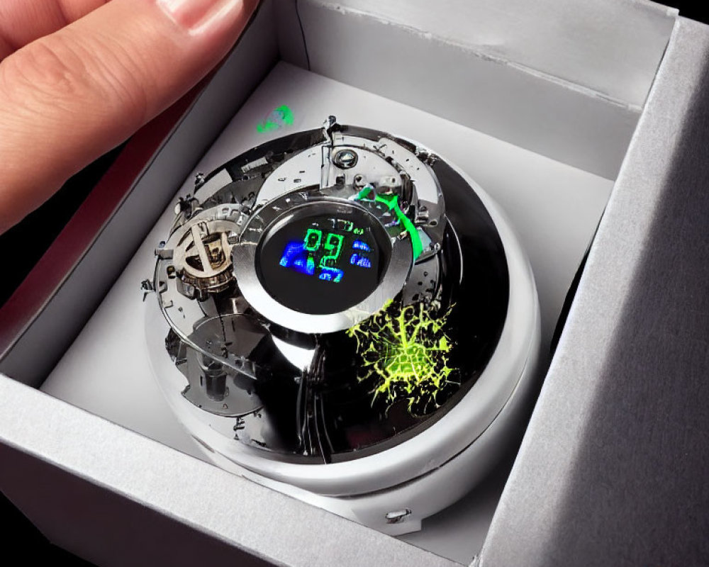 Intricate watch with mechanical gears and digital time display in sleek box