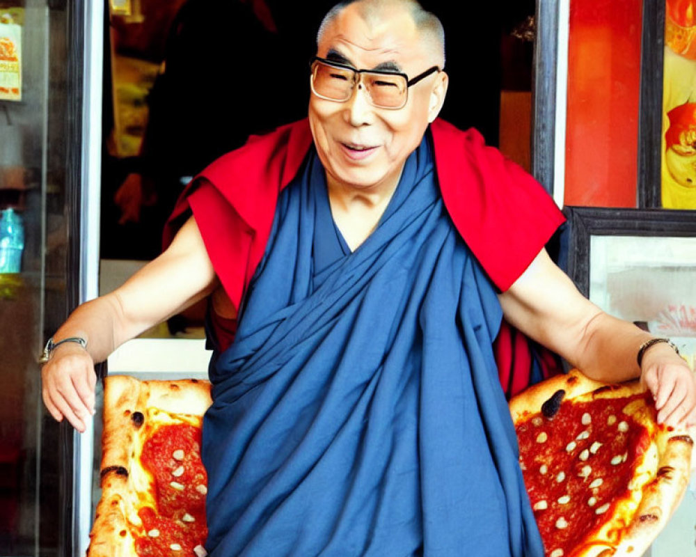 Smiling person in monk robes with two pizza slices outside a restaurant