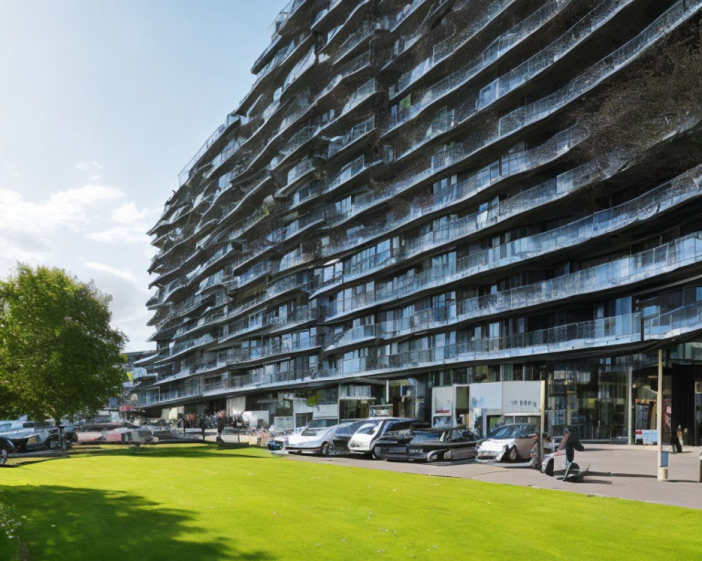 Modern multi-tiered residential building with balconies overlooking street and parked cars, surrounded by manicured green