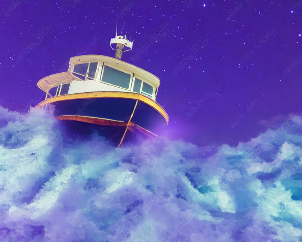 Boat on Waves under Starry Purple Sky