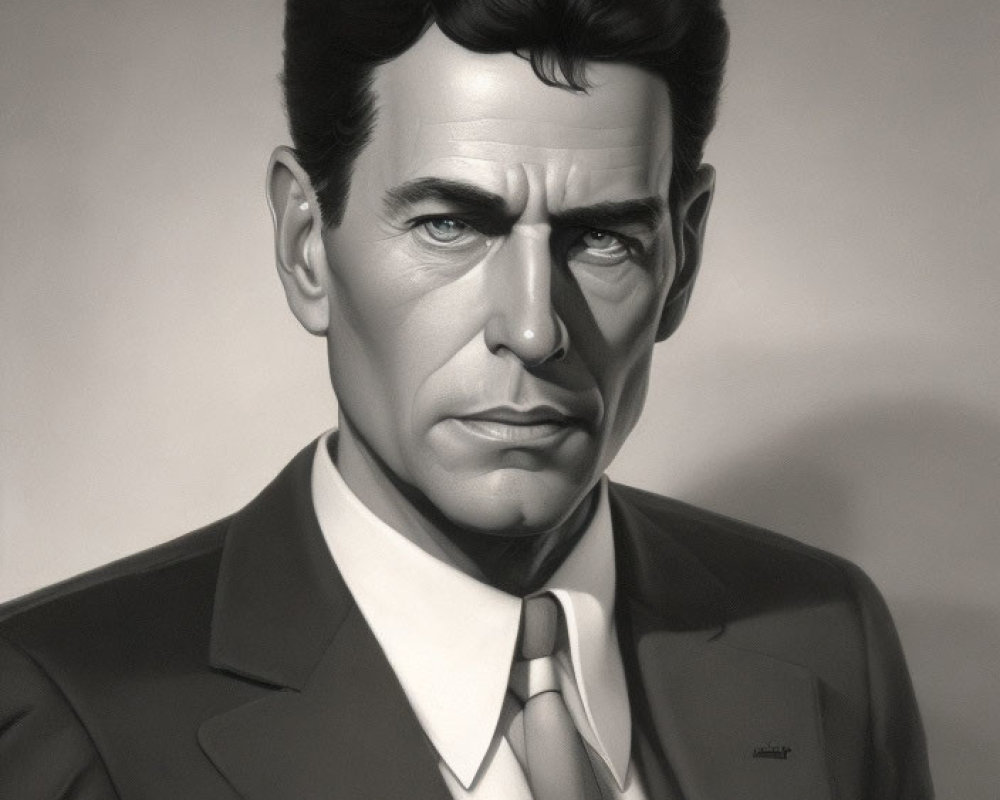 Monochrome portrait of stern man in suit with dark hair