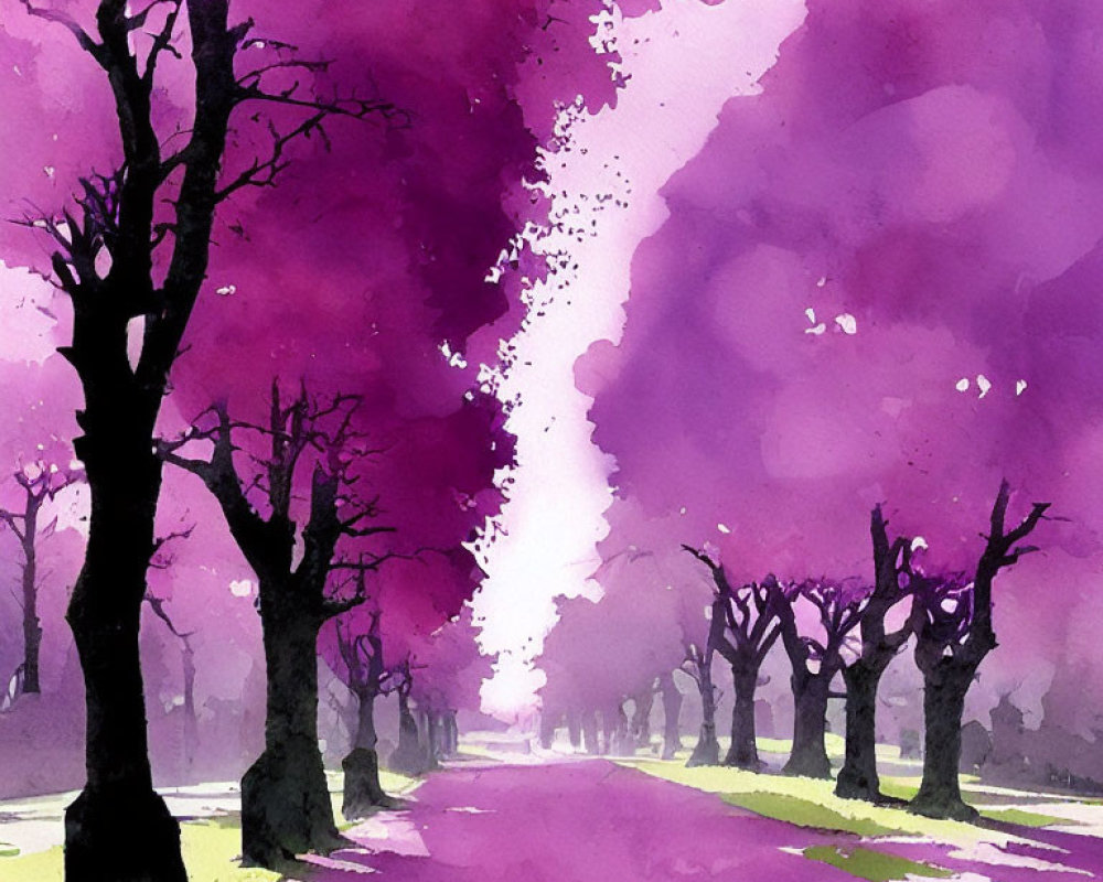 Colorful Watercolor Painting of Tree-Lined Pathway