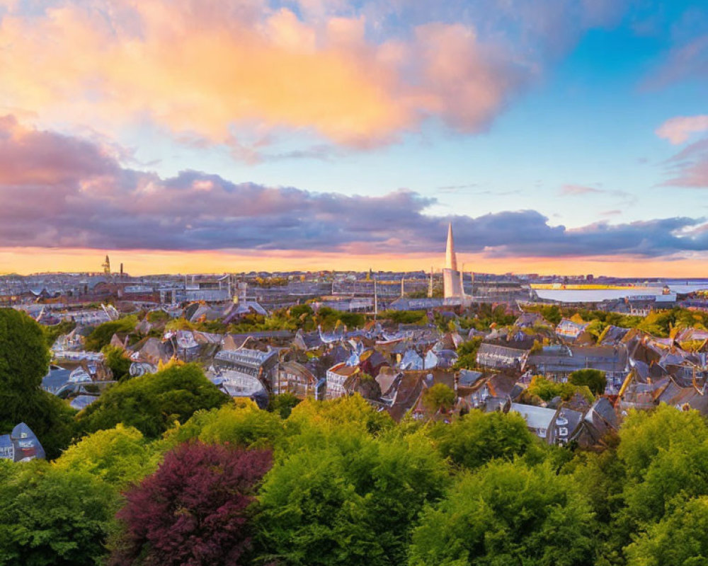 Cityscape at Sunset: Historical and Modern Buildings with Spire, Greenery, Pink and Blue Sky