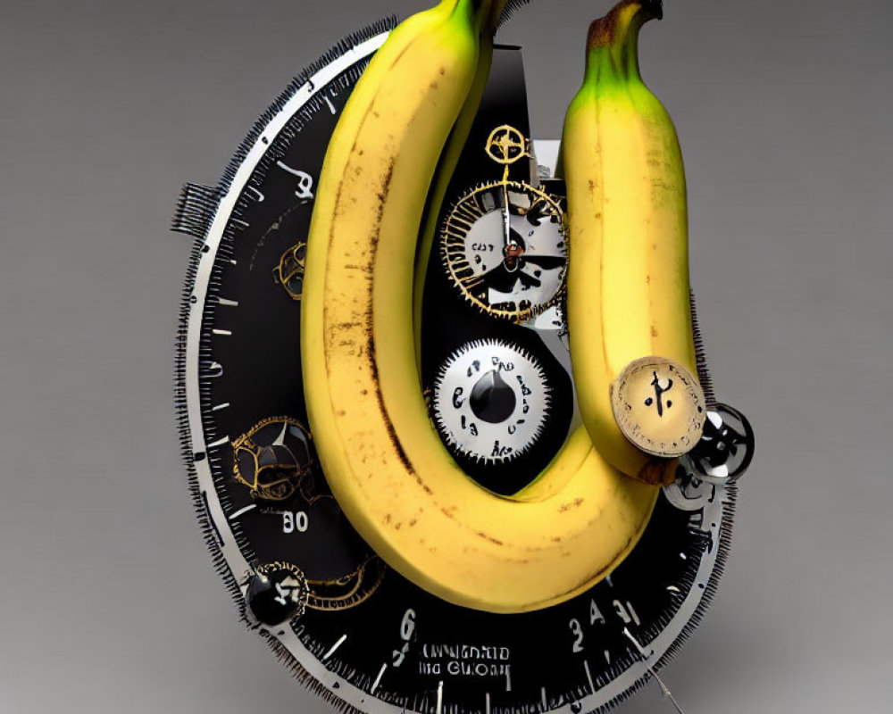 Ripe bananas on clockwork-themed surface with gears against grey backdrop