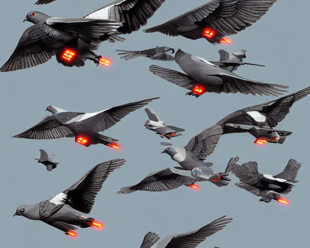 Pigeons with LED lights in flight on grey background