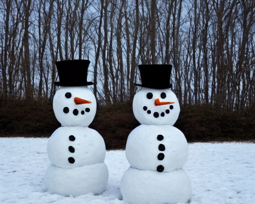 Snowmen with Top Hats and Branch Arms in Snowy Winter Scene