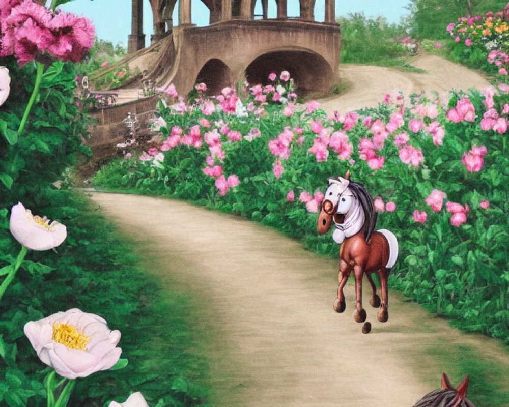 Illustration of Vibrant Garden Path with Pink Flowers and Stylized Horses