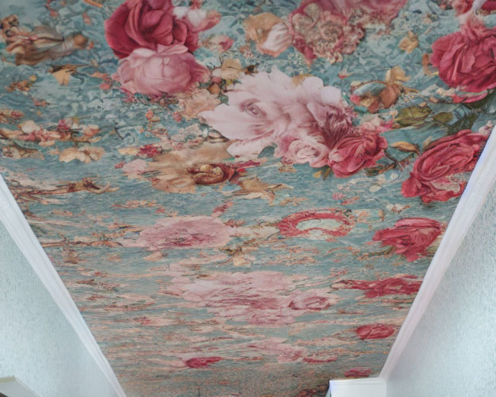 Ceiling floral pattern with roses in varying shades on blue backdrop