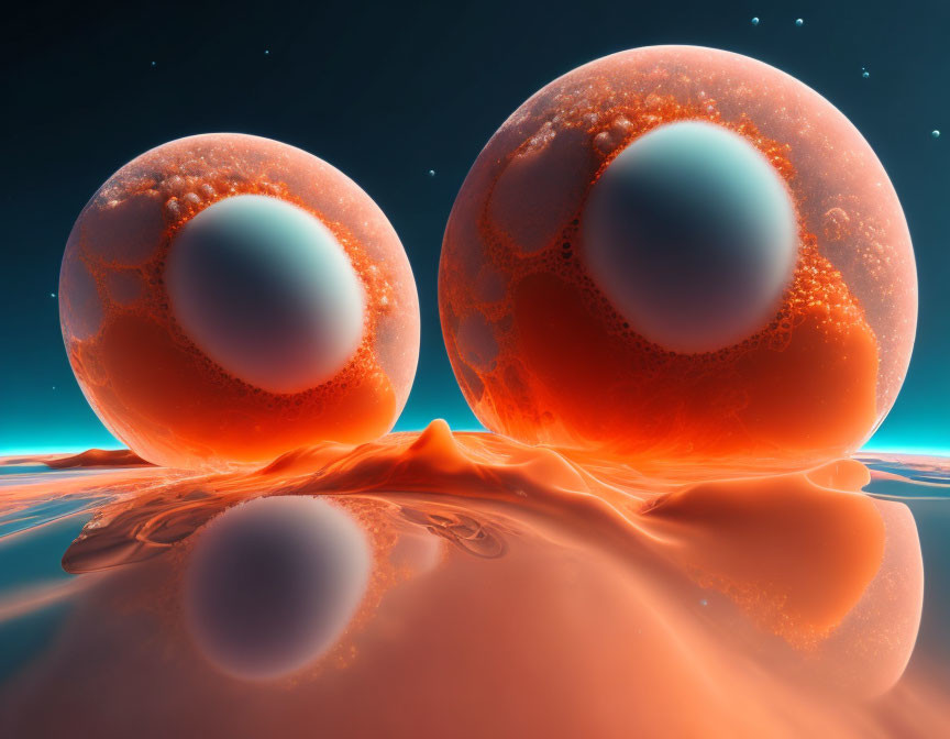 Translucent orange spheres with smaller spheres on reflective surface against blue background