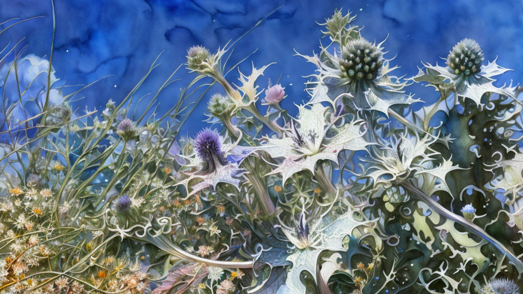 Vibrant thistle plants in bloom on blue background with green and purple hues