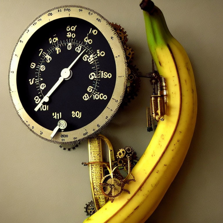 Ripe banana curves around mechanical clock on wall