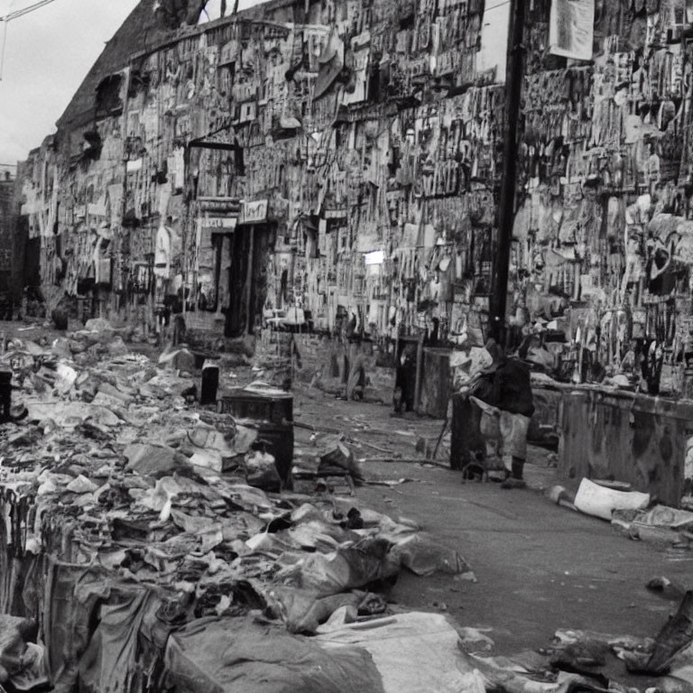 Grayscale image of dilapidated urban street with debris and tattered posters