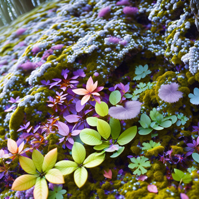 Colorful small flowers and leaves on mossy surface in purple, green, and pink