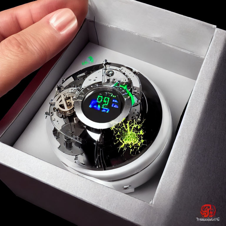 Intricate watch with mechanical gears and digital time display in sleek box