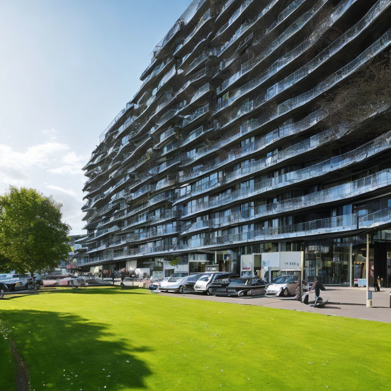 Modern multi-tiered residential building with balconies overlooking street and parked cars, surrounded by manicured green