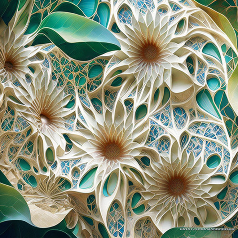 Detailed Floral Pattern Digital Art in Blue, Green & Cream