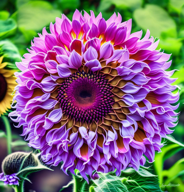 Sunflower with purple-tinted petals in close-up view