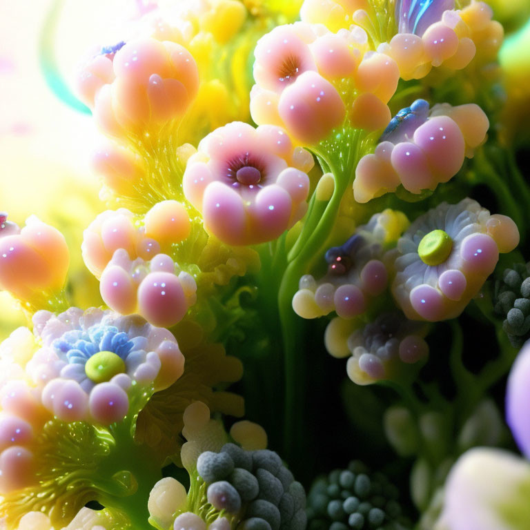 Vibrant pink, yellow, and blue coral-like structures in close-up view