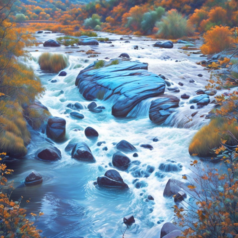 Scenic autumn landscape with river, trees, and rocks