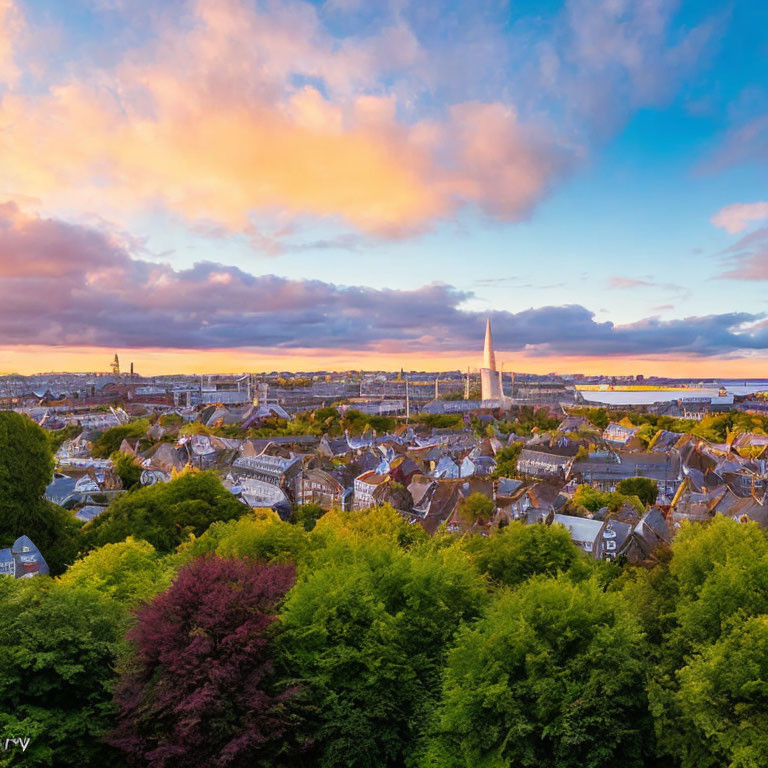 Cityscape at Sunset: Historical and Modern Buildings with Spire, Greenery, Pink and Blue Sky