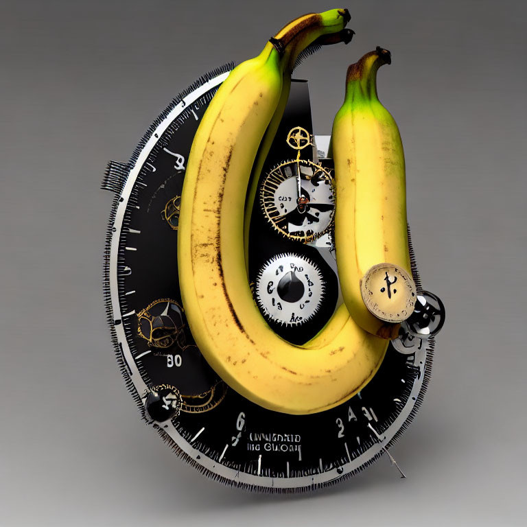 Ripe bananas on clockwork-themed surface with gears against grey backdrop