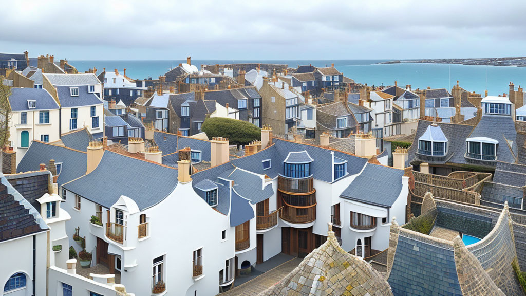 Picturesque Coastal Town with Varied-Roofed Houses by Calm Blue Bay