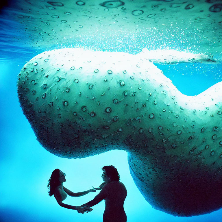 Underwater scene with two people holding hands near a large spotted sea creature