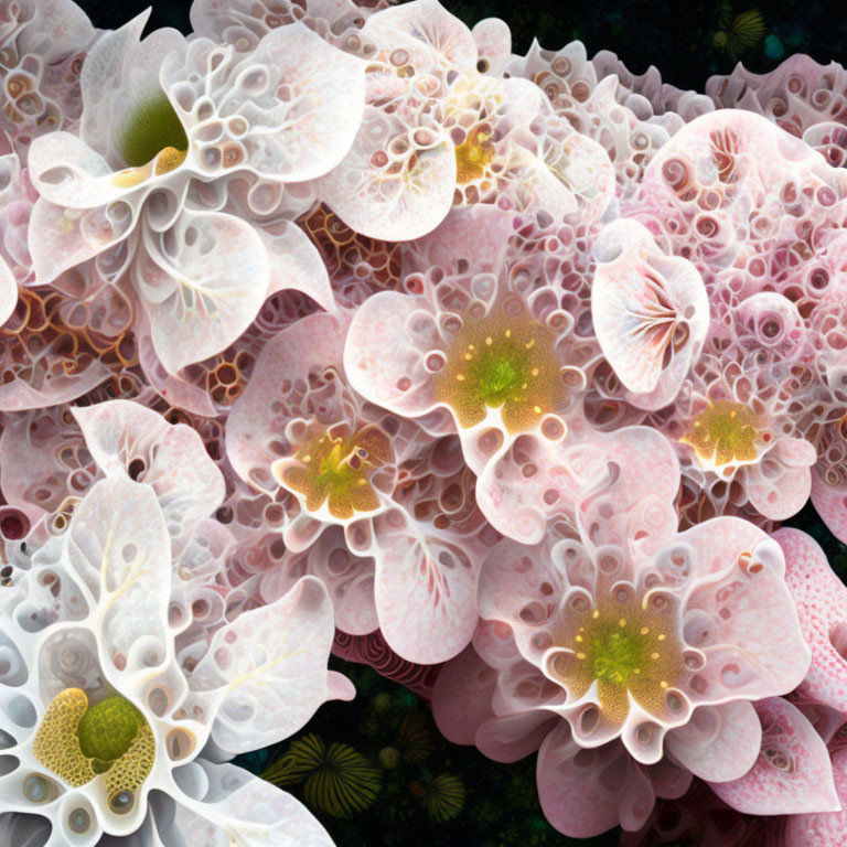 Intricate translucent flower digital artwork in pink, white, and yellow.