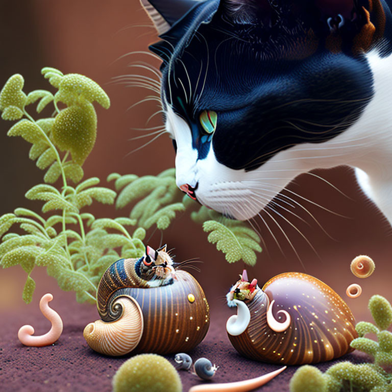 Black and white cat observing miniatures on snail shells in whimsical setting