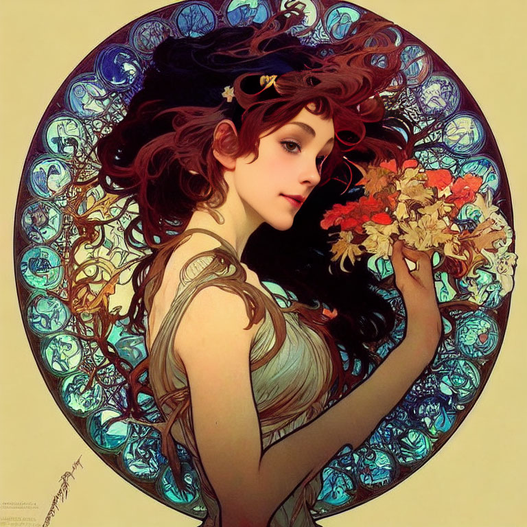 Illustration of woman with red hair holding bouquet in circular stained glass frame